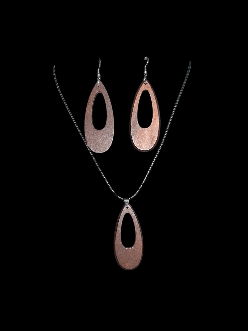 Handmade Wood Teardrop Necklace & Earring Set - Brown